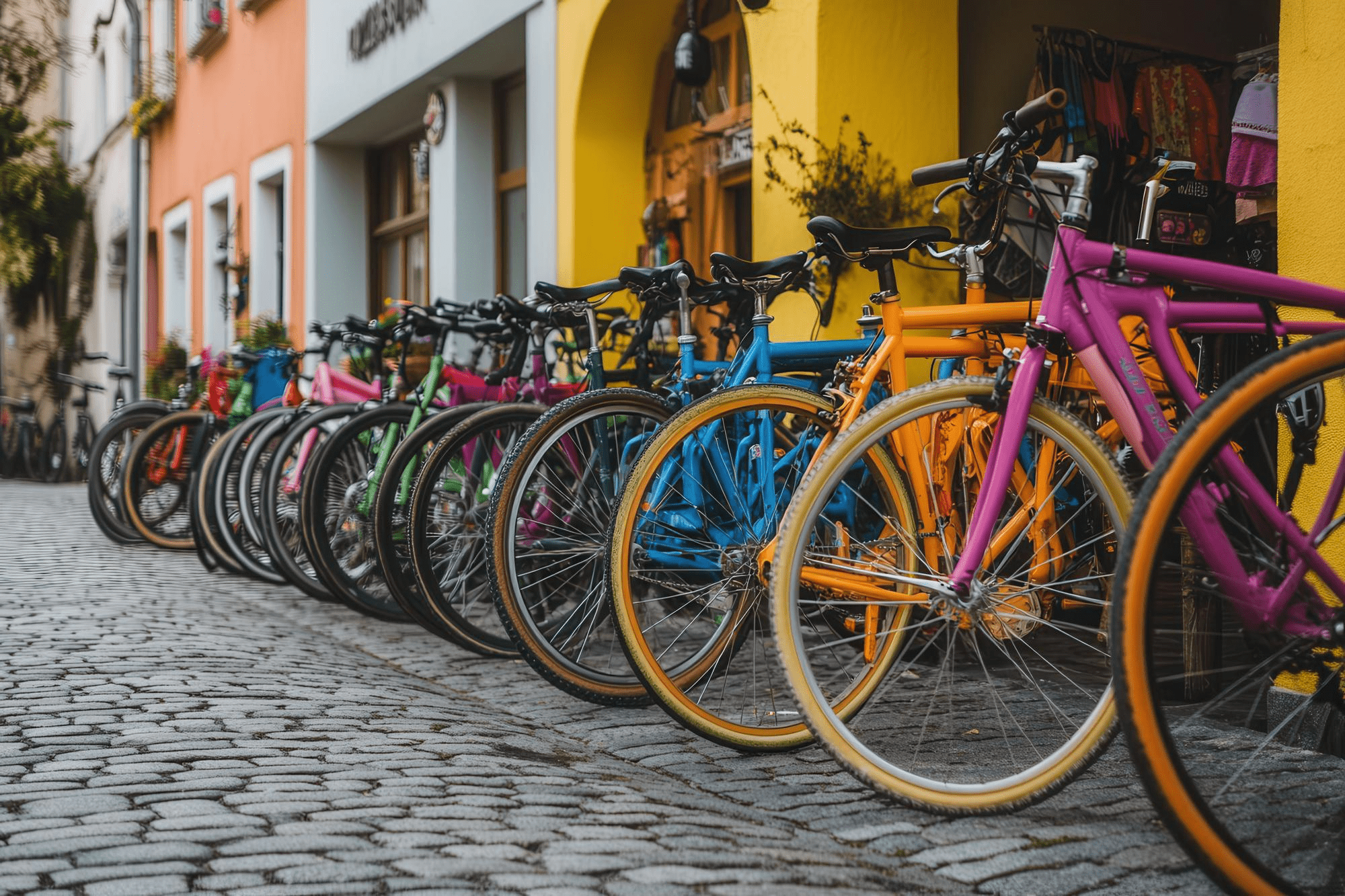 Colorful bikes lined up